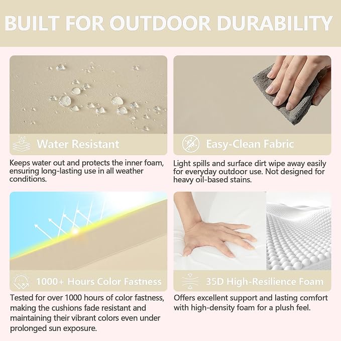 Goodgoods 20 x 42 Outdoor Patio Chair Cushion 2-Pack, Fade-Resistant & Water-Resistant Furniture Chair Cushions with 35D High-Resilience Foam for Dining Chairs, Beige