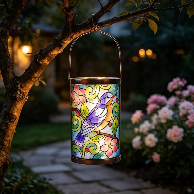 Solar Lantern Outdoor Waterproof Hanging Solar Lights Bluebird Glass Decorative Lanterns for Outdoor Patio Lawn Outside Yard Garden Decor