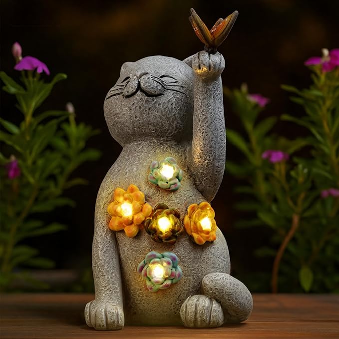 Riakrum Cat Hide a Key Outside Figurine Key Hider with Solar Light Yard | Resin Waterproof Garden Statue, Hidden Spare Key Compartment, Solar Lights Glow at Night, Gift for Women Homeowners