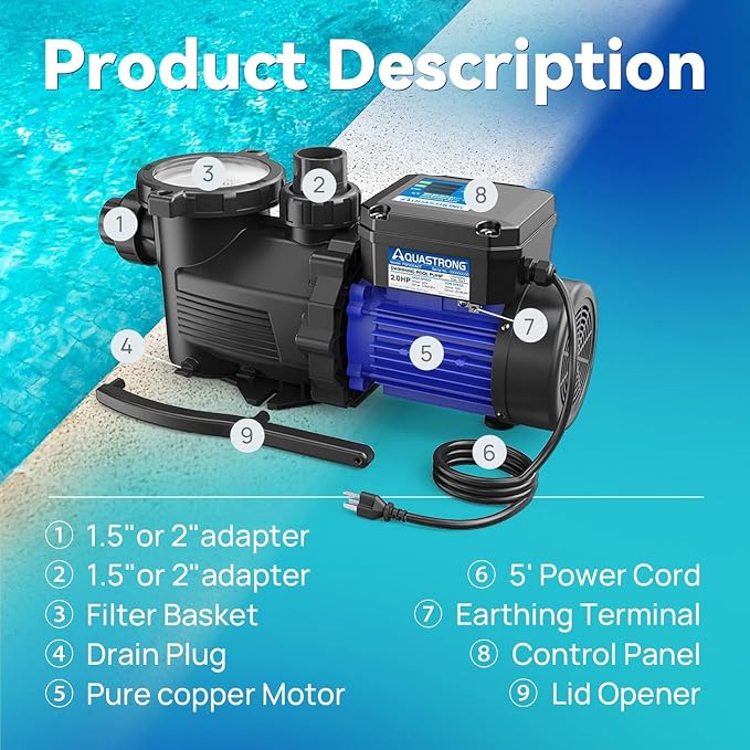 Aquastrong 2HP In/Above Ground Pool Pump, Dual Speed with Timer, 115V, 5186GPH, High Flow Self Primming Swimming Pool Pump,Black