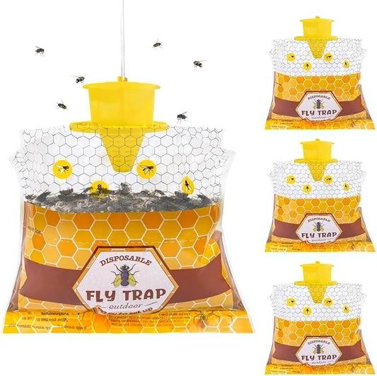 4 Pack Fly Traps Outdoor Hanging for Patio, Flies Bags Outdoor Disposable with 30g Bait, Bug Fly Hunter Catcher Killer Control for Barn Horse Ranch Chicken Coop