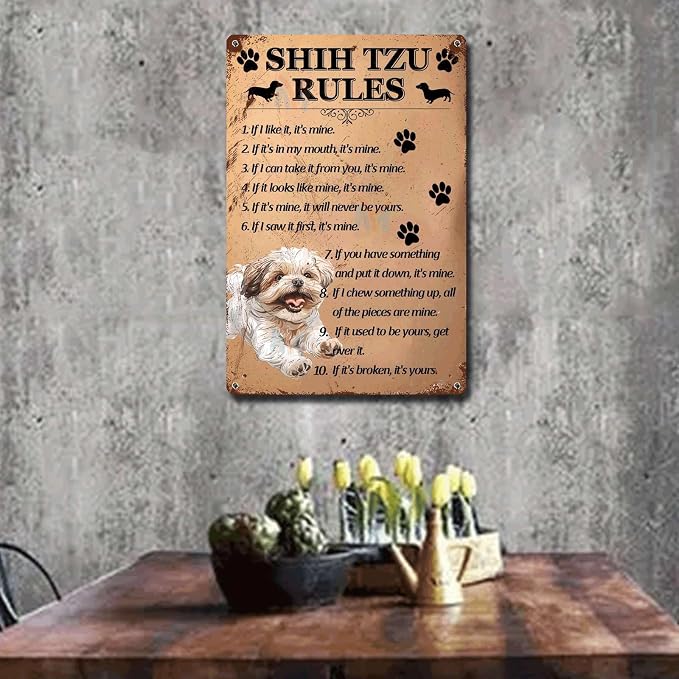 Metal Sign Tin Sign Vintage Wall Art Shih Tzu Rules Boho Bedroom Decorations for Room 8×12 Inches