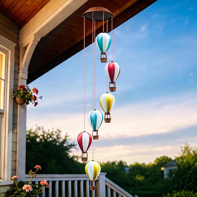 Topstor Hot Air Balloon Solar Wind Chimes for Outside - Outdoor Hanging Decor Garden Gifts for Women Mom Grandma (Stripe)
