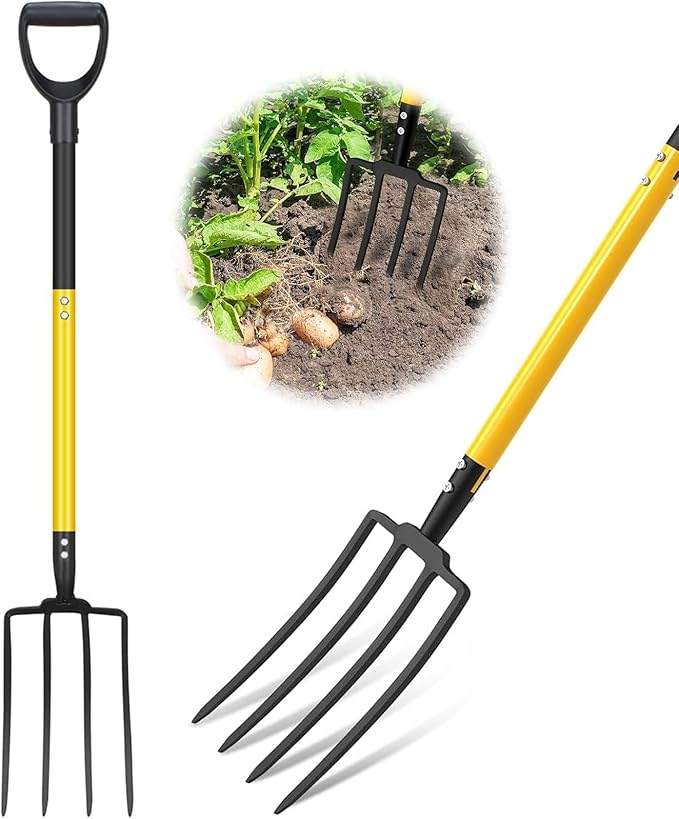Pitch Fork, 4 Tine Heavy Duty Garden Fork with Ergonomic No-Slip D-Grip Handles, 45 Inches Long Handle Spading Fork, Perfect for Gardening Digging, Land Management, Yard work, Farming (Yellow)