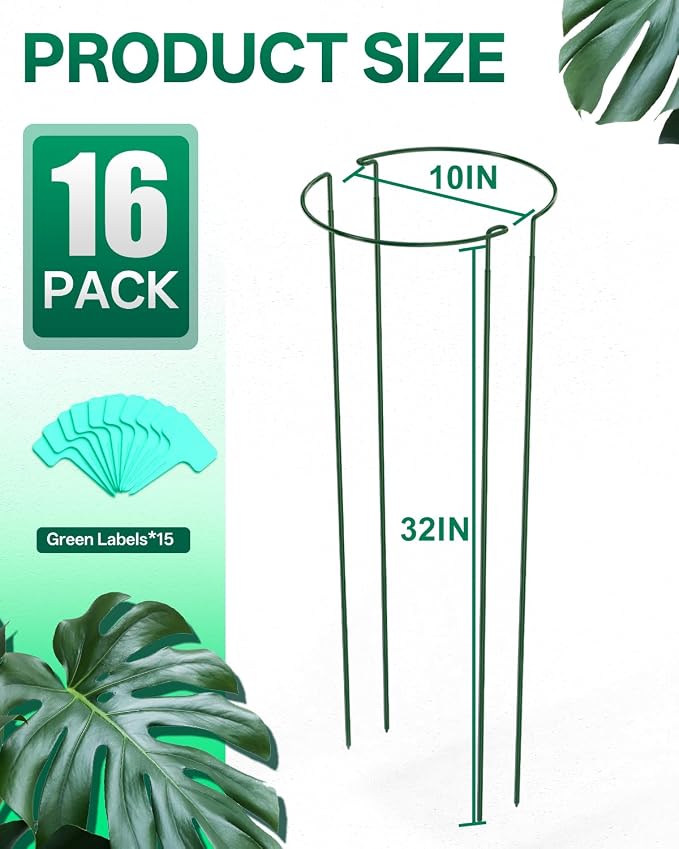 Breeze Touch 16 Pack Plant Support Stakes, 32 Inch Plant Stakes for Outdoor Plants, Peony Cage with 15 Pcs Green Lables, Peony Cages and Supports, Peonies Support Cages Flower Stakes for Plants