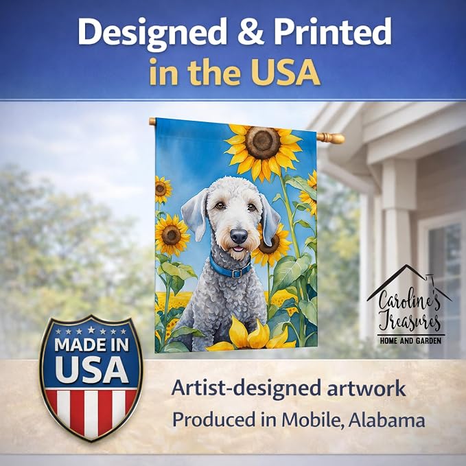 Caroline's Treasures DAC6021CHF Bedlington Terrier in Sunflowers House Flag Large Porch Sleeve Pole Decorative Outside Yard Banner Artwork Wall Hanging, Polyester, House Size, Multicolor