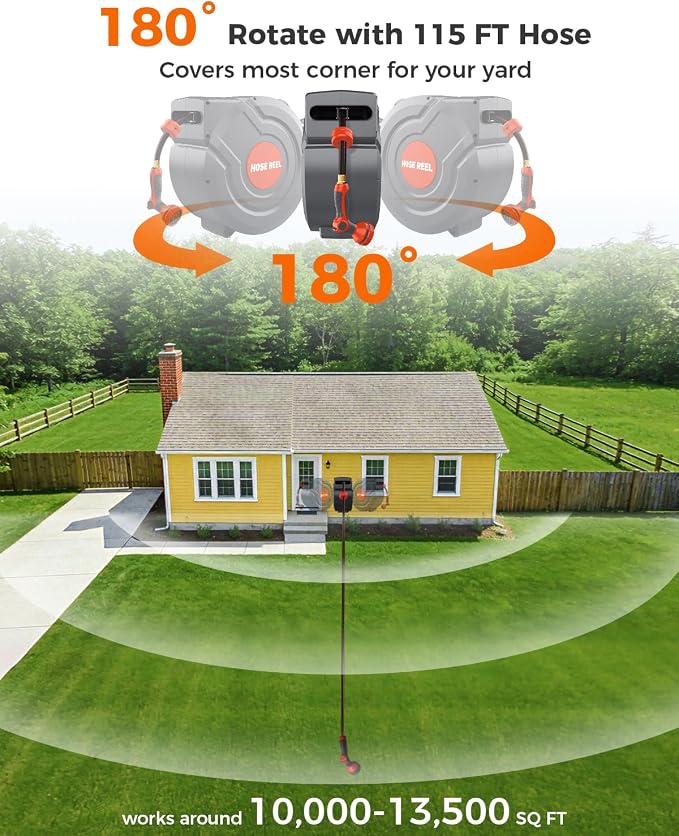 Retractable Garden Hose Reel,Wall Mounted 115 ft 5/8 Inch Automatic Rewind, Any-Length Lock, 9-Pattern Sprayer, 180° Swivel, Durable Water Hose Reel for Yard and Home