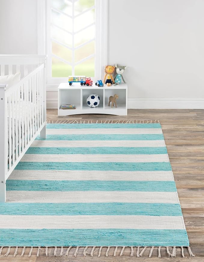 Unique Loom Chindi Rag Collection Area Rug - Striped (6' 1" x 9' Rectangle, Turquoise and Ivory)