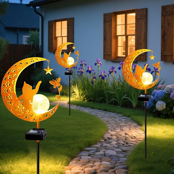 Solar Garden Lights Waterproof, Gift for Women Mom Grandma Wife Daughter, Cat Pathway Stake Lights, Glass Globe with Moon Cat Decor, Outdoor Decor Lights for Walkway Yard Lawn Patio Courtyard Garden
