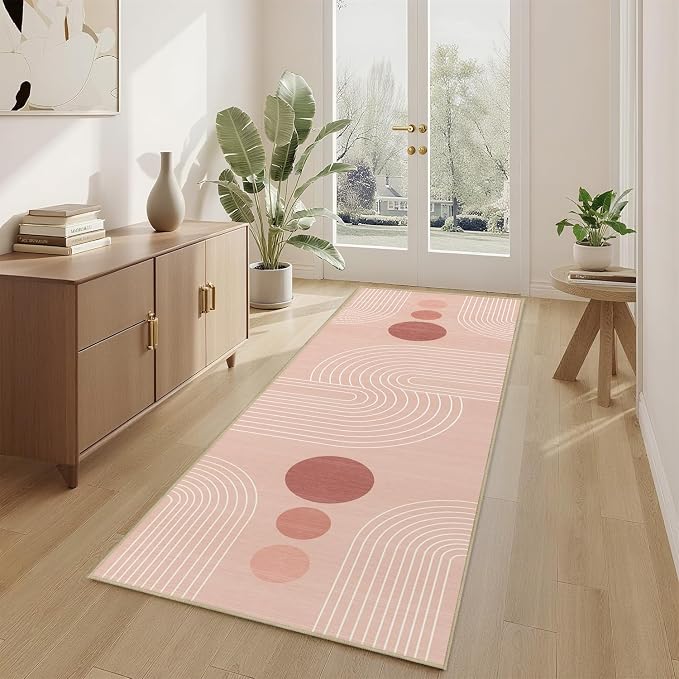 Boho Runner Rug 2x6 Modern Geometric Abstract Rug for Hallway Kitchen Bedroom Pink Mid Century Modern Runner Machine Washable Non-Slip Printed Low-Pile Long Floor Carpet for Bathroom Laundry Pink