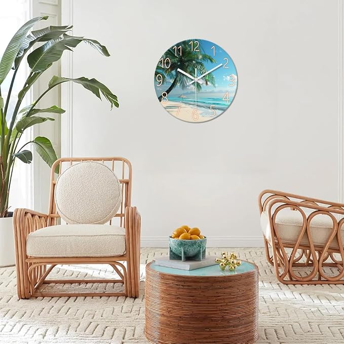 XFM Tropical Beach Wall Clock 12 Inch Silent Blue Coastal | Non-Ticking Battery Operated Modern Glass Palm Tree Round Decorative for Living Room Kitchen Bedroom Office