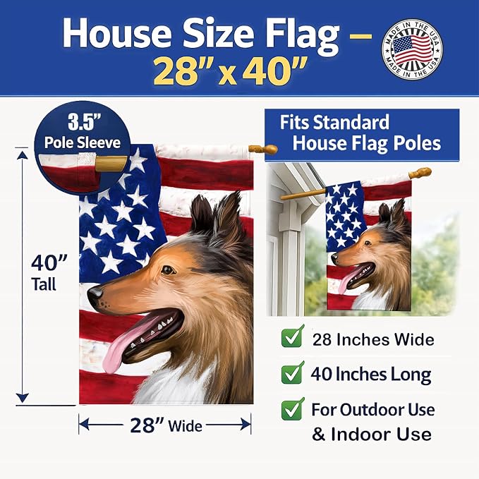 Caroline's Treasures CK6493CHF Collie Smooth Dog American Flag House Flag Large Porch Sleeve Pole Decorative Outside Yard Banner Artwork Wall Hanging, Polyester, House Size, Multicolor