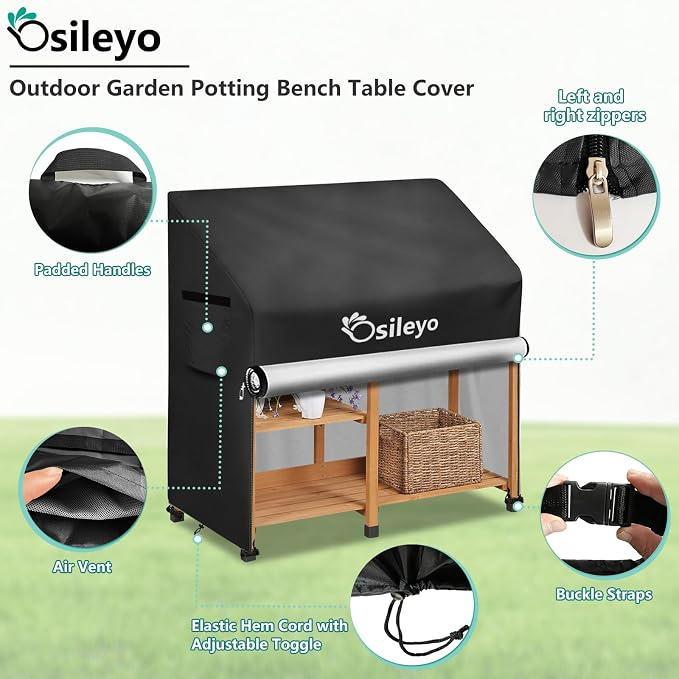 Outdoor Garden Potting Bench Table Cover with Split Zipper,600D Tough Canvas Waterproof Anti-UV All Season Weather Complete Protection Cover.(47" x 20" x 47"),Black