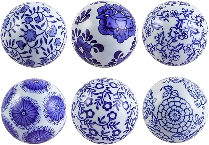 Decorative Porcelain Balls, 3" Centerpiece Balls Set, Floating Ceramic Orbs Spheres for Bowl, Vase, Basket, Dish, Fish Tank, Home Decor, Pack of 6 (Blue and White)