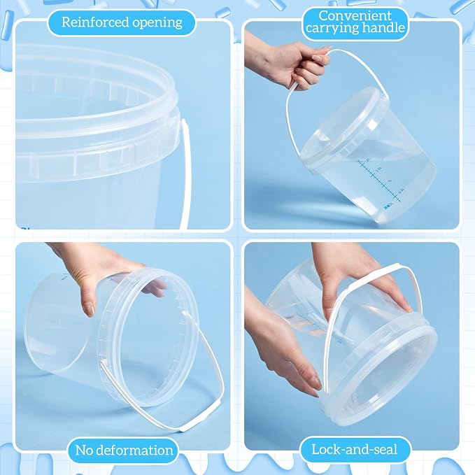 5 Pack 1 Gallon Clear Bucket with Lid Plastic Food Storage Containers for Kitchen Pantry, Meal Prep, Snack, Rice, Flour, Pet Food-Transparent Bucket with Scale Marks, 4 Quart