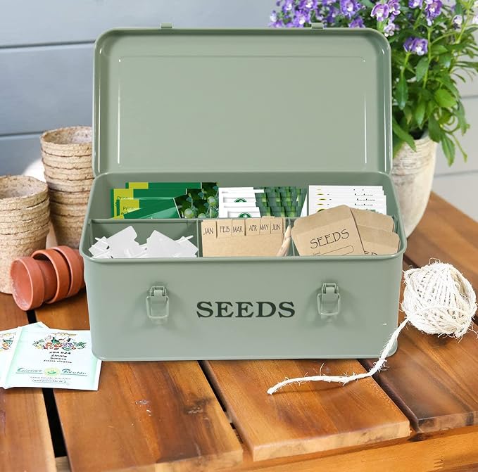 Seed Storage, Metal Seed Box, Seed Storage Organizer Box with Lid & Handle | 4 Compartments Seed Storage Box, Seed Packet Organizer with Safety Locks, Seed Saving Box for Garden Seed Organizer (Green)