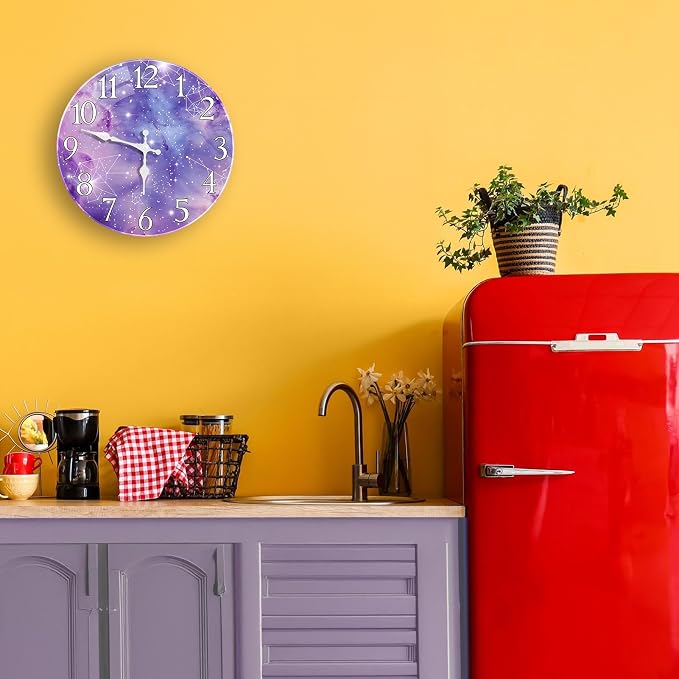 Britimes Round Purple Wall Clock Silent Non-Ticking Battery Operated Glass Decorative Outdoor Waterproof Clock 12 Inch, Galaxy Constellation Home Decor for Living Room, Kitchen, Bathroom, and Bedroom