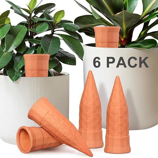 Terracotta Watering Spikes 6 Pack Plant Watering Devices Wine Bottle Automatic Plant Waterer for Vacations, Self Watering Stakes for Indoor Outdoor Plants