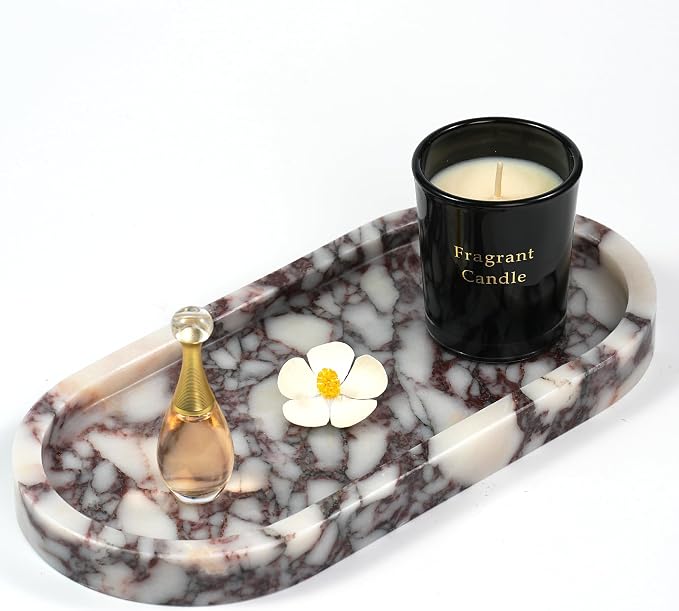 Violet Marble Oval Tray - Stone Decorative Perfume Trinket Jewelry Dish, Catchall Organizer for Bathroom Vanity Dresser Kitchen Countertop Home Decor