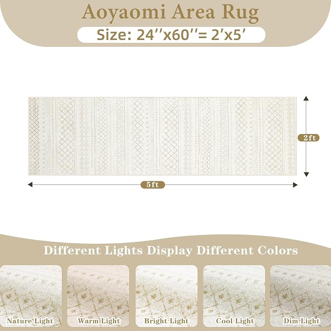 Runner Rug 2x5 Boho Geometric Area Rugs: Small Washable Kitchen Rug, Soft Non Slip Moroccan Long Hallway Rugs for Bedroom Bathroom Laundry Entryway Staircase Foyer(Beige,2X5)