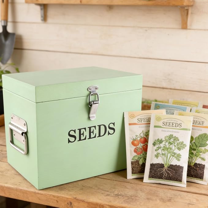 Wooden Seed Storage Organizer with 2 Dividers, Seed Saving Box with Lid and Handle, 50 Envelopes, 20 Plant Labels and 2 Pens for Garden Seeds