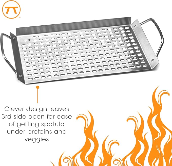 Outset 76631 Stainless Steel Grill Topper Grid, 11"x7" BBQ Pan With Handles | Stainless Steel Grill Topper | BBQ Veggie Grill Tray | Easy to Carry | Seafood Grill Tray With Holes | Infuses Flavor