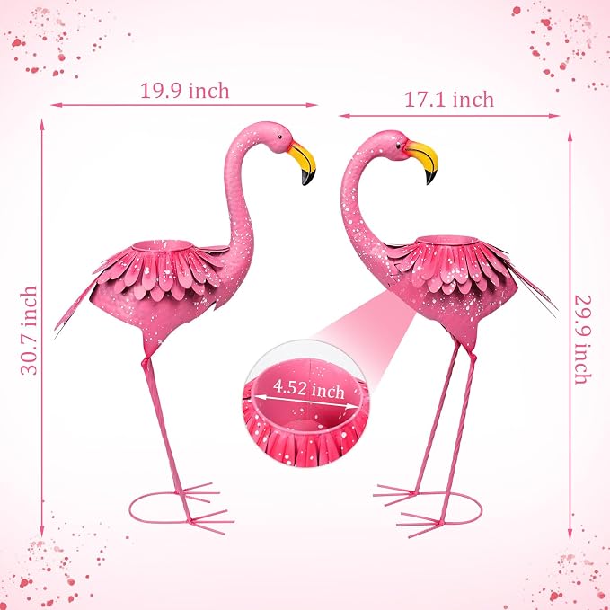 Set of 2 Flamingo Planters, Pink Metal Standing Flamingo Flower Pots with Drain Hole, Indoor Outdoor Decorative Planters for Lawn Garden Patio Yard