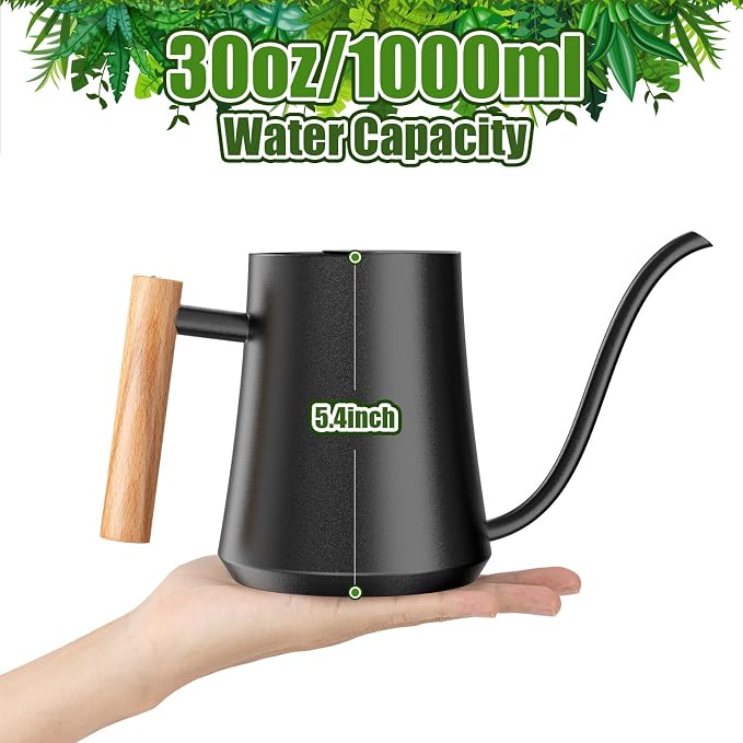 Green Moon 1L/35oz Metal Watering Can Indoor with Long Spout, Black | Metal Stainless Steel Watering Can with Wood Handle for Indoor Plants, House Bonsai, Succulents, and Outdoor Garden Flowers