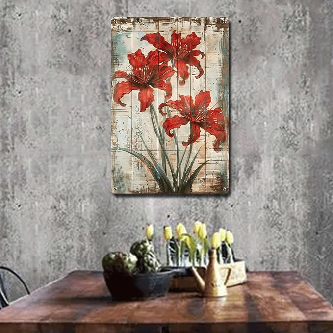 Metal Sign Tin Sign Vintage Wall Art Striking Lycoris Tin Sign for Rustic Wall Art Vintage Charm and Distressed Wood Surfaces Signs for Garden for Room 12×16 Inches