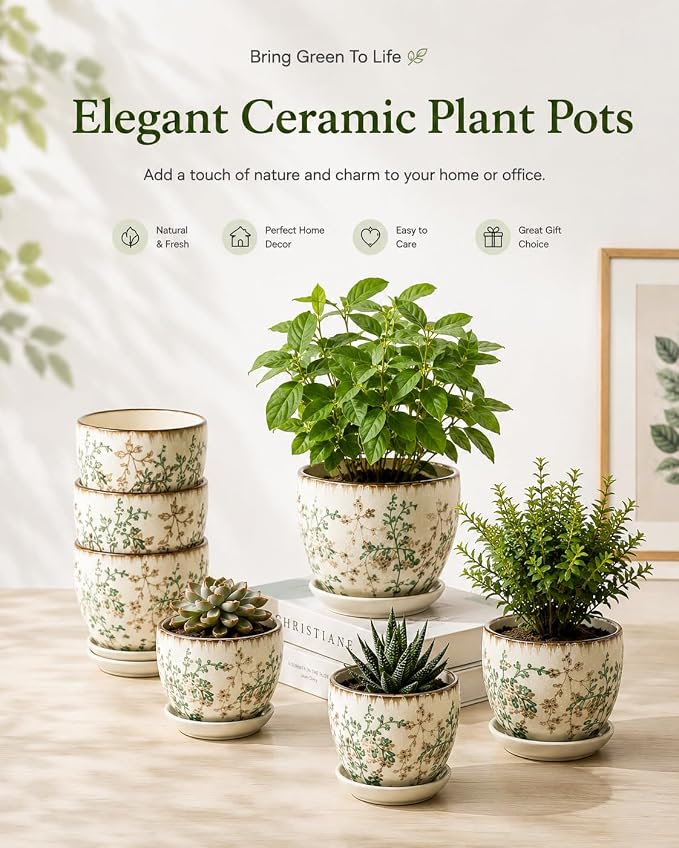 Ceramic Plant Pots, Vintage Succulent Pots, Plant Pots Indoor Set of 4, Planters with Drainage and Attached Saucer, 4.8 Inch Floral Flower Pots for Home Decor, Plant Lover Gifts