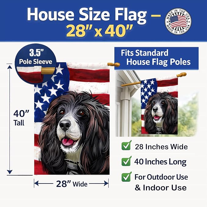 Caroline's Treasures CK6679CHF Russian Spaniel Dog American Flag House Flag Large Porch Sleeve Pole Decorative Outside Yard Banner Artwork Wall Hanging, Polyester, House Size, Multicolor