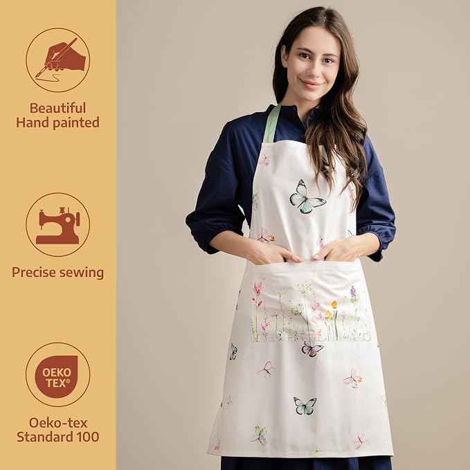 Maison d' Hermine Aprons for women with Pocket 100% Cotton (27.50"x31.50") | Adjustable Neck Strap & long ties Apron Men Chef Wedding Cooking Gardening Server Maid