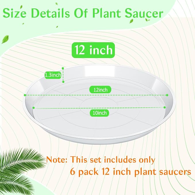 FUIJOL 6 Pack Clear Plant Saucer 12 Inch, Durable Plant Drip Trays Saucers for Pots, No Holes Water Catcher Trays for Indoor Outdoor Planter, Sturdy Base Plate(12", Clear)