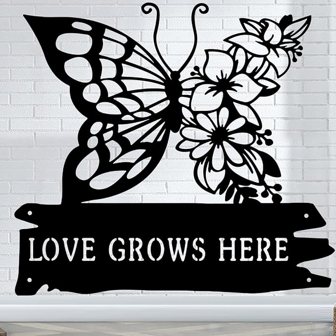 CFC0121320 Butterfly Garden Metal Sign, Personalized Flower Garden Plaque, Outdoor Decoration for Potting Shed, Customized Name for Women Men Mom Grandma Grandpa