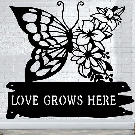 CFC0121320 Butterfly Garden Metal Sign, Personalized Flower Garden Plaque, Outdoor Decoration for Potting Shed, Customized Name for Women Men Mom Grandma Grandpa