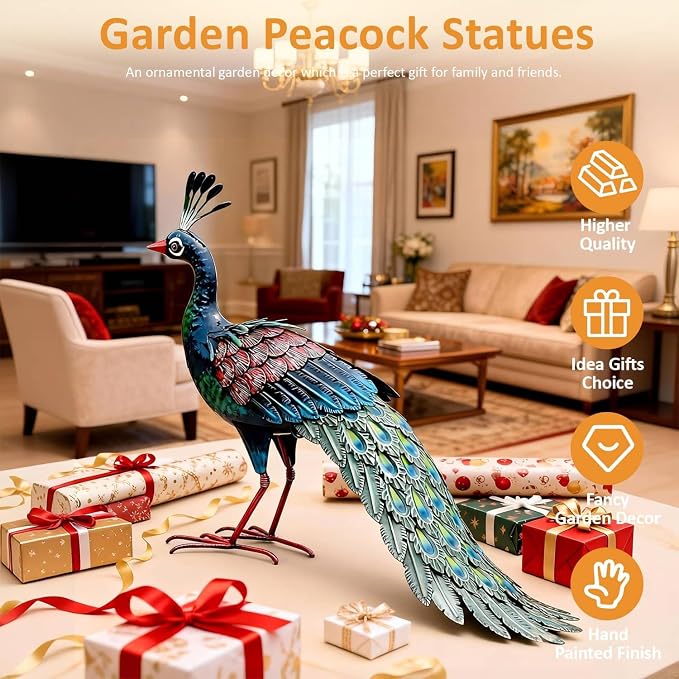 Kircust Outdoor Metal Peacock Statue, 24" L | Decor Art, Garden Sculpture, Weatherproof, Handcrafted For Patio, Yard, Home