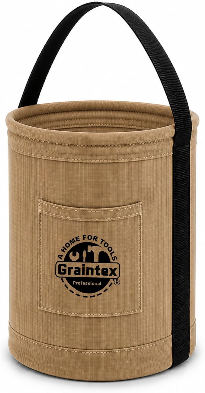 Graintex Canvas Utility Bucket 9.5"x14", Round Tool Bucket, Reinforced Base & Carry Handle, Ripstop Canvas, Ideal Multi-Purpose Bag for Jobsite, Gardening, Home Use, Tool Storage (Khaki)