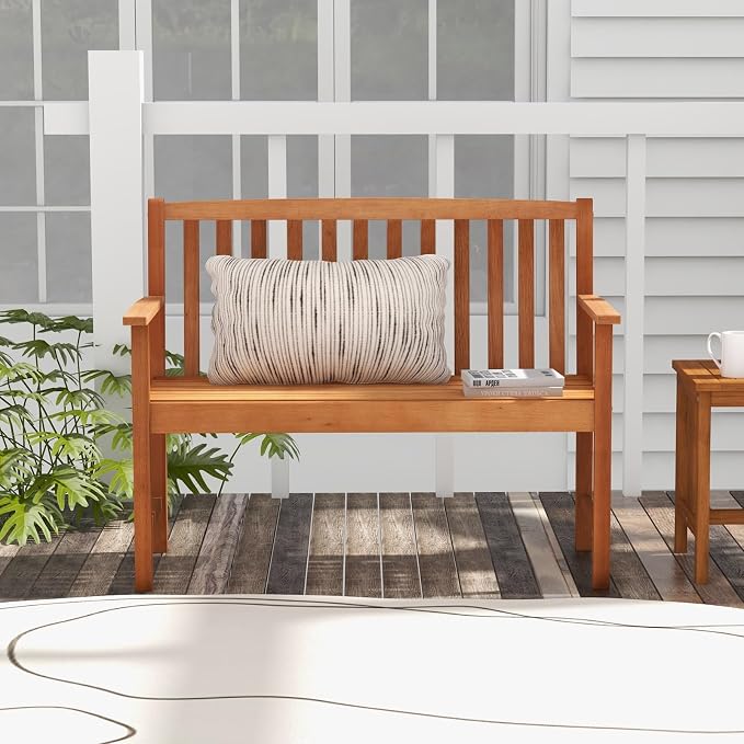 Tangkula Outdoor Garden Bench, 2-Person Eucalyptus Wood Bench with Backrest, Armrests and Slatted Seat, Patio Garden Bench for Yard, Porch, 800 lbs Capacity, Natural