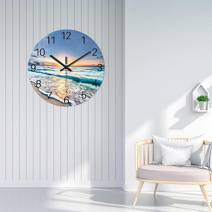 Extra Large Glass Battery Wall Clock 24 Inch | Blue Beach Clocks for Living Room Bedroom Office Decor Round Quite Wall Clock Non Ticking