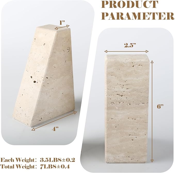 Karibiber Travertine Bookends for Heavy Books, Marble Decorative Bookends for Shelves, Heavy-Duty Stone Book Ends for Hardback Book & Cookbooks, Unique Book Stopper & Holder, Travertino Italy