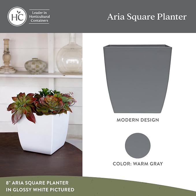 The HC Companies Aria Self Watering Square Plant Pot w/Drainage - Planters for Outdoor Plants & Indoor Plants - Lightweight & UV-Resistant Plastic Pots for Plants (8" Warm Gray, Pack of 1)