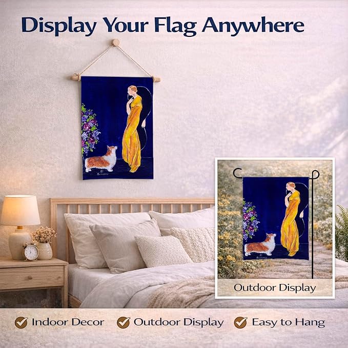 Caroline's Treasures SS8546GF Lady with her Corgi Garden Flag Mailbox Flag Decorative Yard Flag Banner Outside Patio Artwork Yard Flower Beds, Garden Size, Multicolor