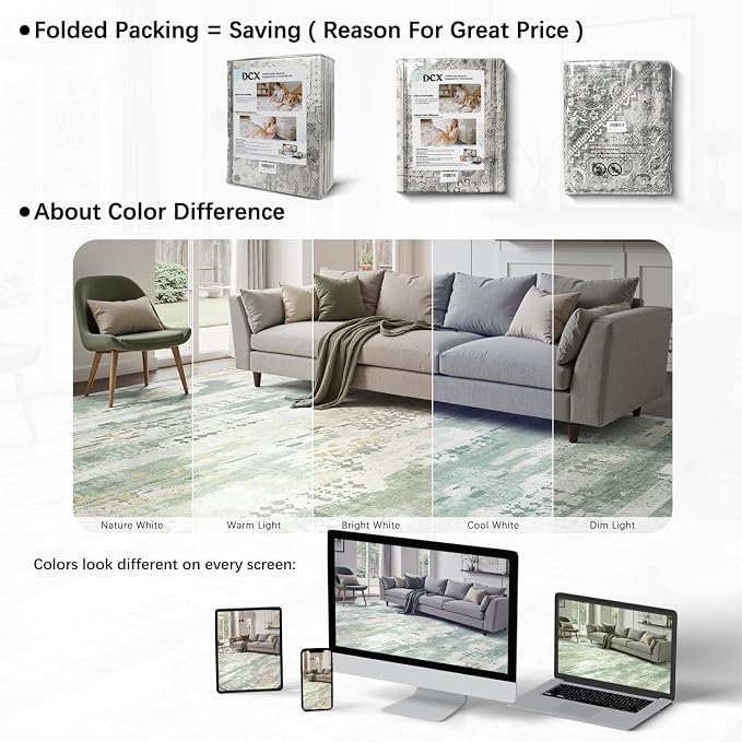 DCX 5x7 Area Rug Living Room: Washable Abstract Indoor Carpet Sage Green | Non-slip backing keeps this soft, washable low-pile rug secure and easy to clean—pet-friendly for bedrooms and offices