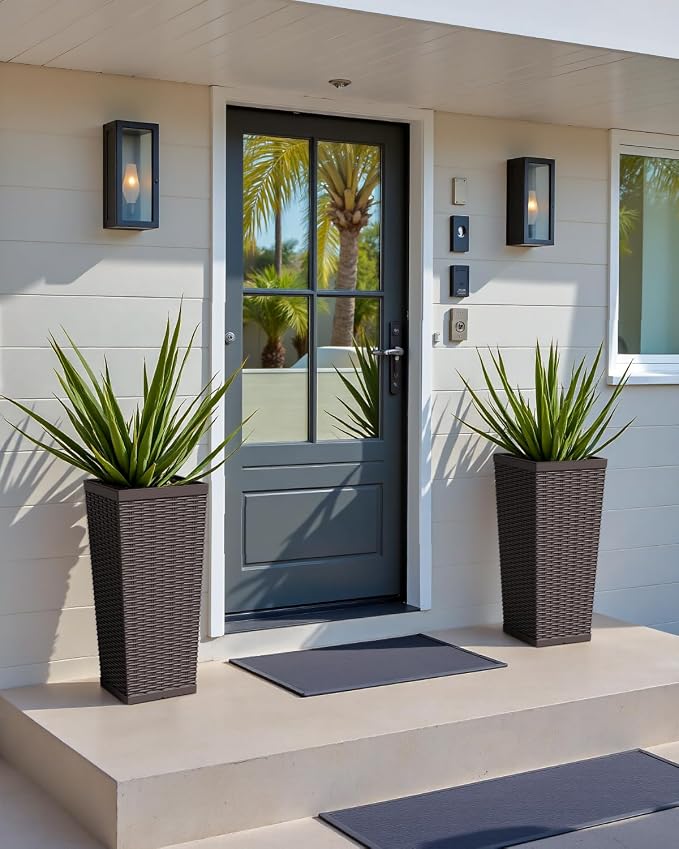 Greesum 23 Inch Tall Plastic Planters (Set of 2), Large Outdoor Flower Pots with Detachable Inner Pot & Drainage Holes for Plants, Trees, Patio, and Garden, Brown