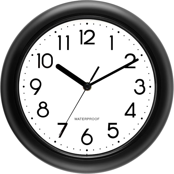 Caysie 10 Inch Sealed Indoor Outdoor Clock Waterproof, Silent Battery Operated Weatherproof Wall Clocks for Pool Patio Outside Home (Black)