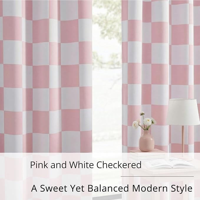 100% Blackout Checkered Curtains – 2 Panels, Each W52×L96, Thermal Insulated, Nosie Reducing for Bedroom, Modern Pink and White Checkerboard Design for Girls Room