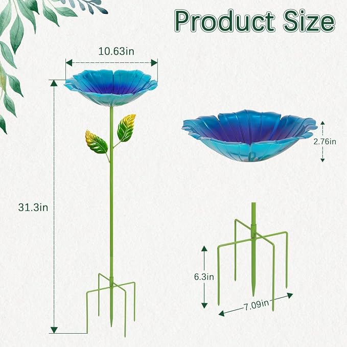2 Pack Bird Baths for Outdoors, Colorful Metal Bird Bath for Outside, Hummingbird Bath with Five Stakes, Garden Flower Small Birdbath for Garden Decor, 31.3" H x 10.63" Dia (Blue,Yellow)