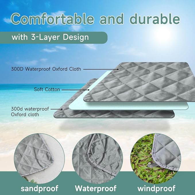 Solaris Waterproof Picnic Blanket, Lightweight 50” x 60” Foldable Sandproof Beach Blanket with Large Pocket, Portable Outdoor Camping Blanket Great Couples Gift Ideas, Gray Wavy