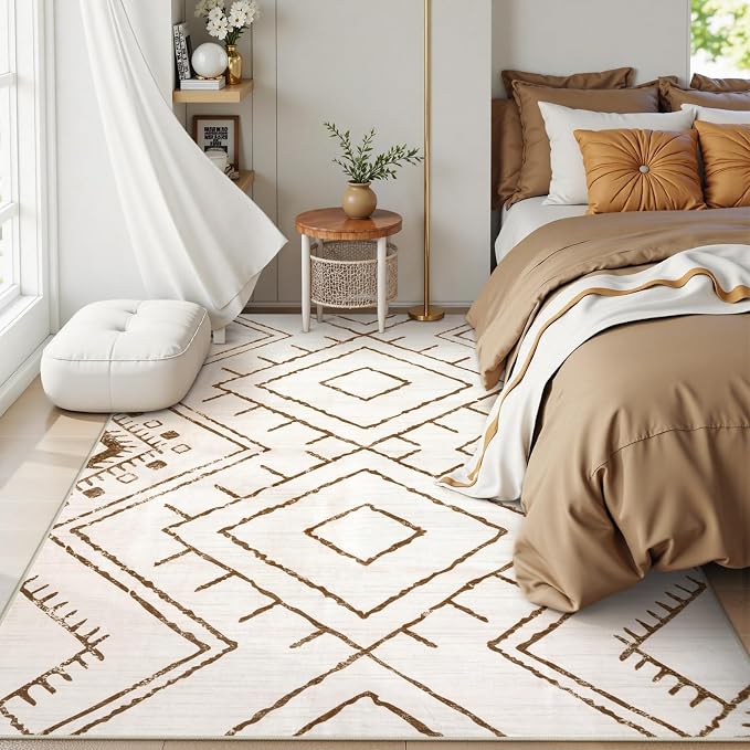 LIVEBOX Western 5x7 Area Rug, Beige Washable Rugs for Living Room Bedroom, Non Slip Moroccan Tribal Rug Low Pile Geometric Soft Boho Area Rugs Diamond Carpet for Dining Room, Nursery Room, Playroom