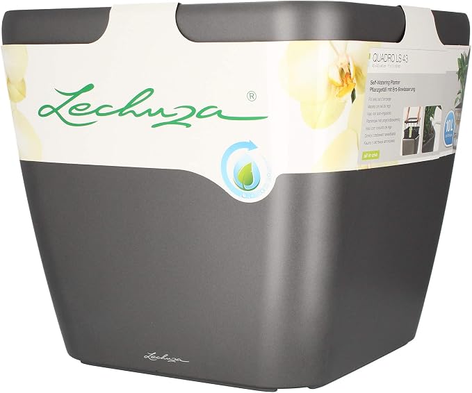 Lechuza Quadro LS 43 Charcoal Metallic, Self-Watering Square Planter, H15.4 L16.9 W16.9 in